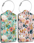 2-pack floral luggage tags, teal and peach, with metal ring and braided loop strap