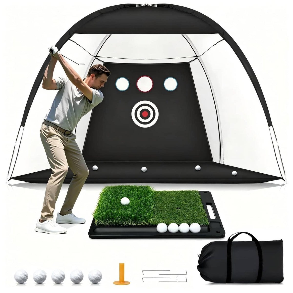 Black-and-white golf practice net with target face and turf ball mat