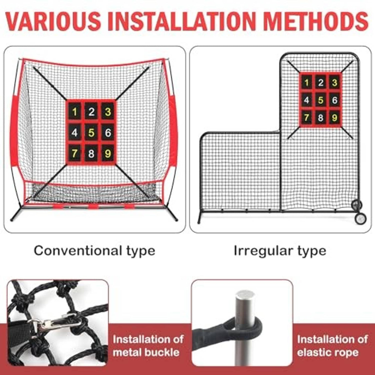 Pitching target installation diagram with red strike-zone panel numbered 1 to 9