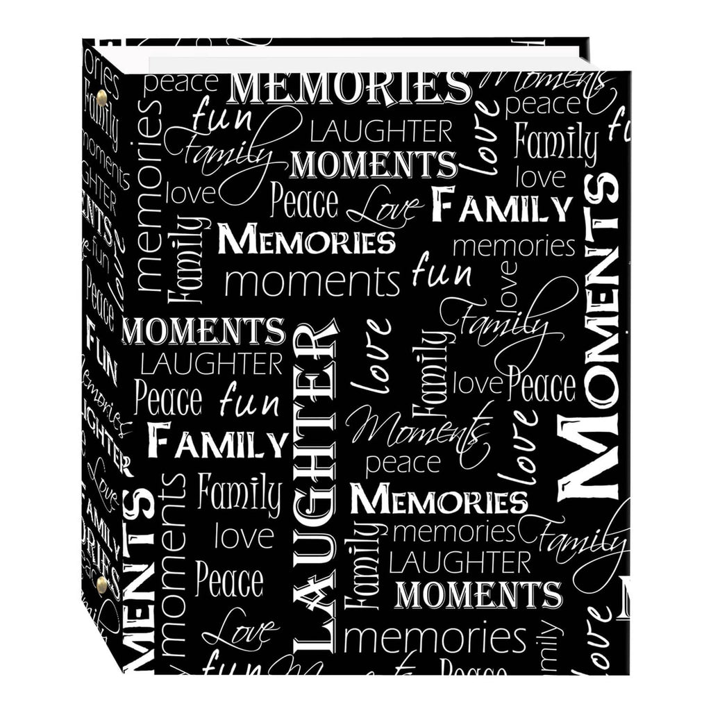 Black 3-ring photo album cover with 'MEMORIES' word collage pattern