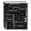 Black 3-ring photo album cover with 'MEMORIES' word collage pattern