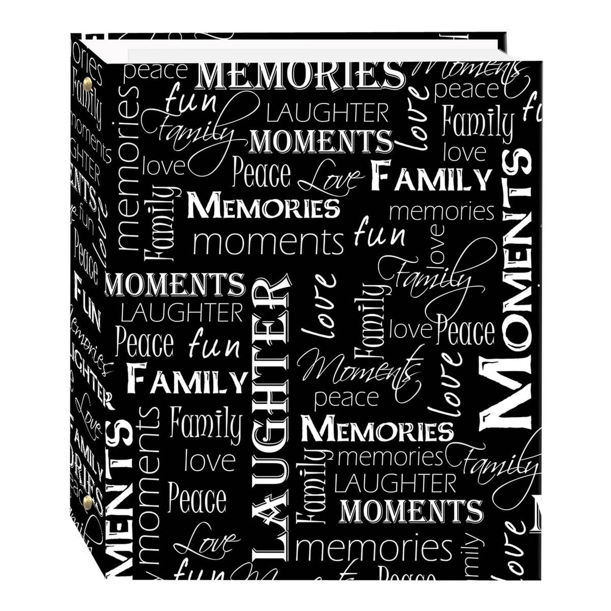 Black 3-ring photo album cover with 'MEMORIES' word collage pattern