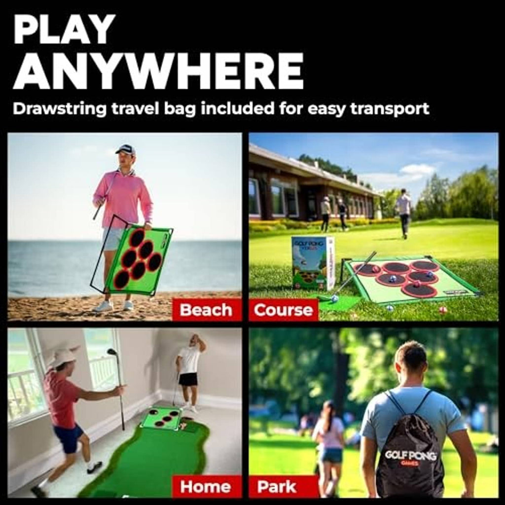 Green golf pong board with red ring targets and included drawstring travel bag