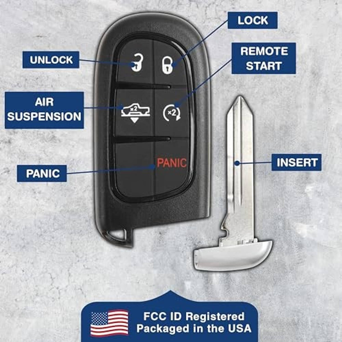 Black key fob diagram showing lock, unlock, remote start, and PANIC button