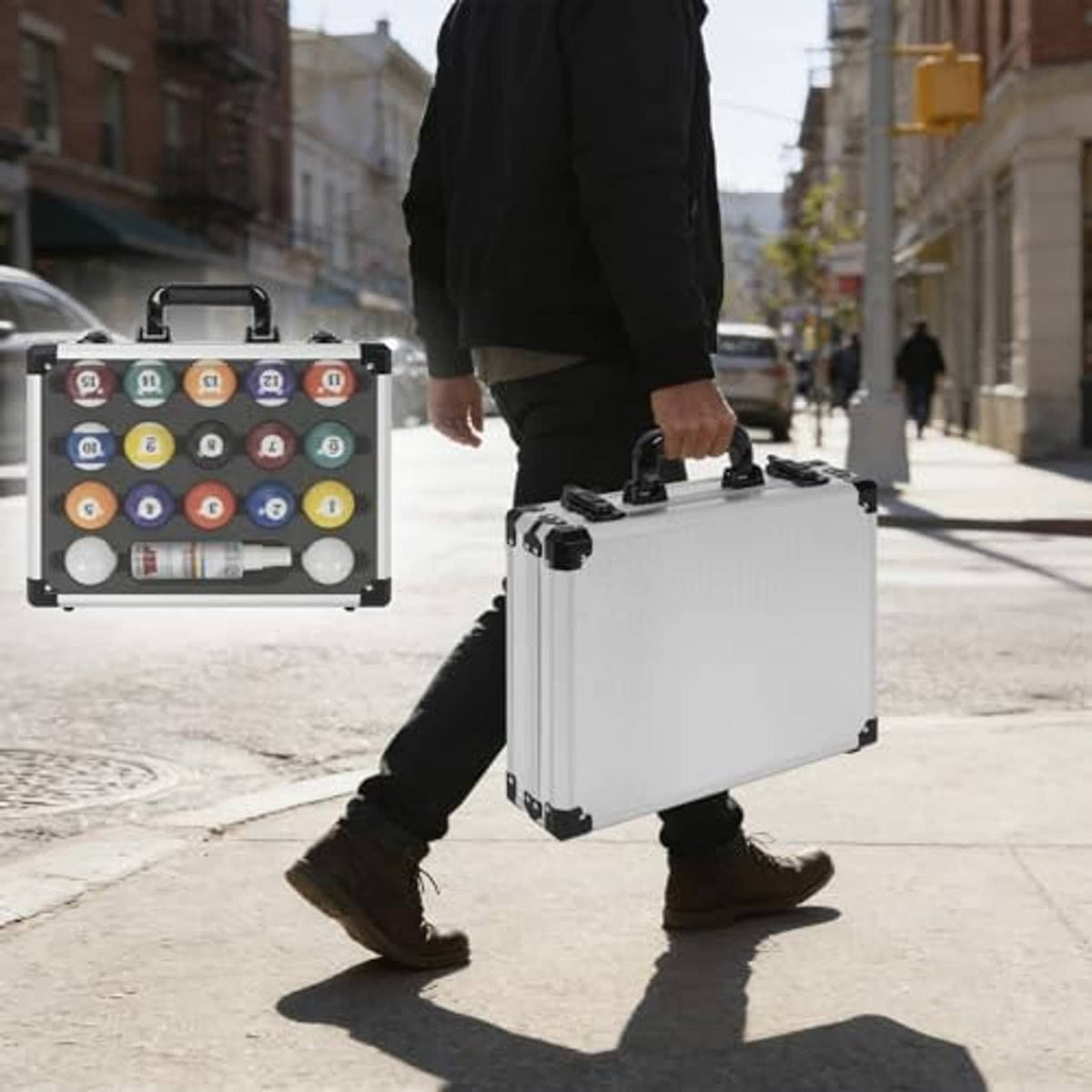 Pool ball carrying case with top handle, hard-sided aluminum look and latches