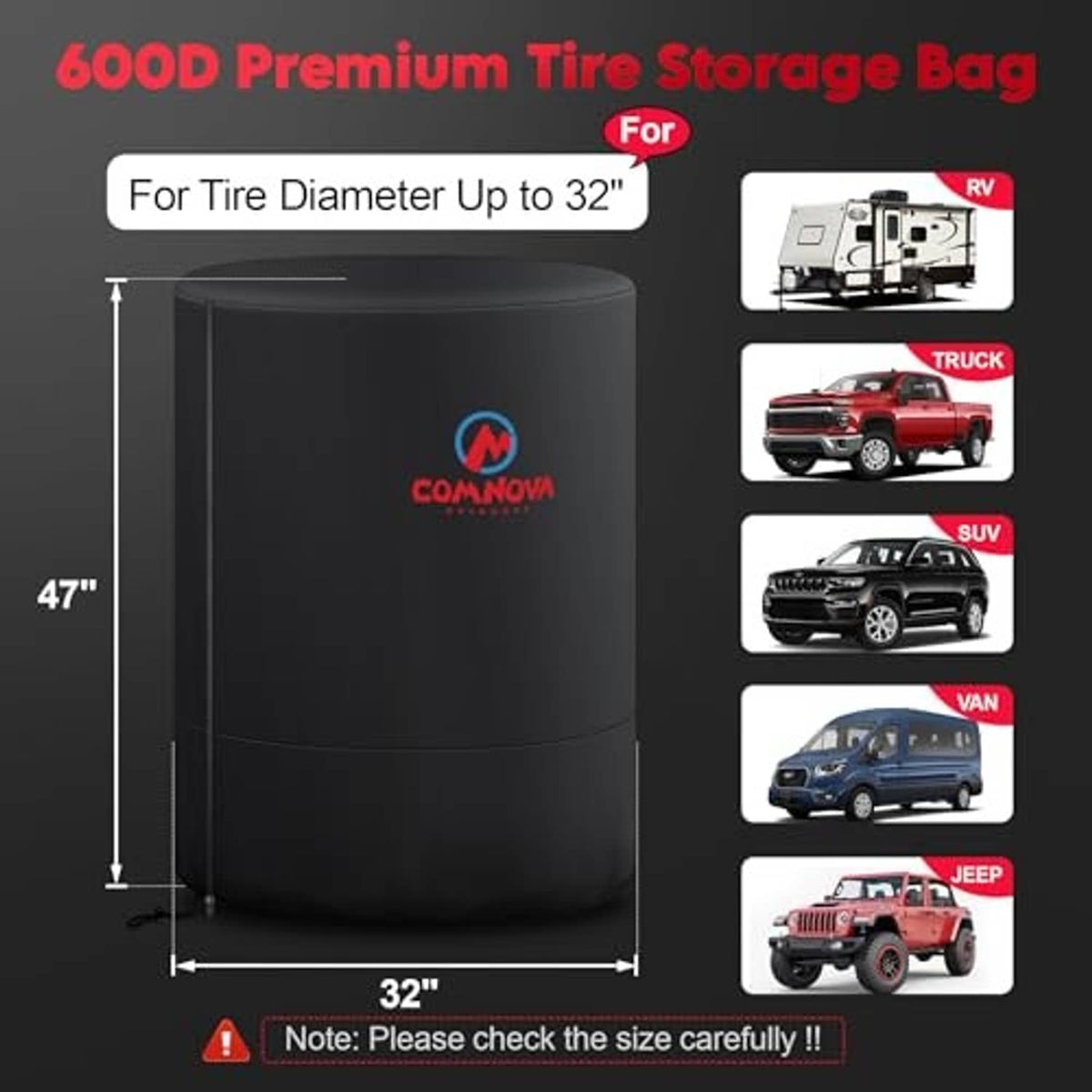 Black round tire cover bag with zipper closure, fits tires up to 32-inch diameter