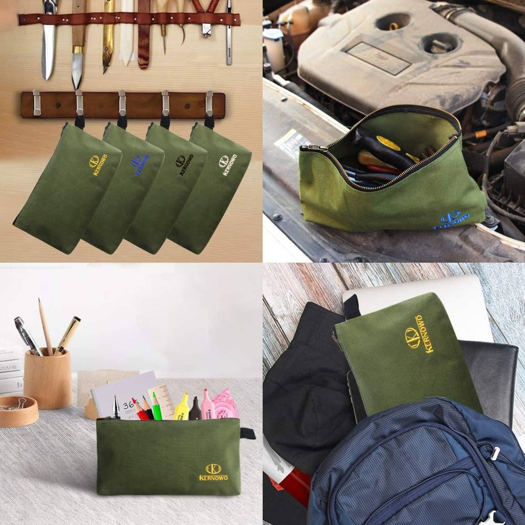 Set of olive green canvas zipper pouches with navy hanging straps and logo
