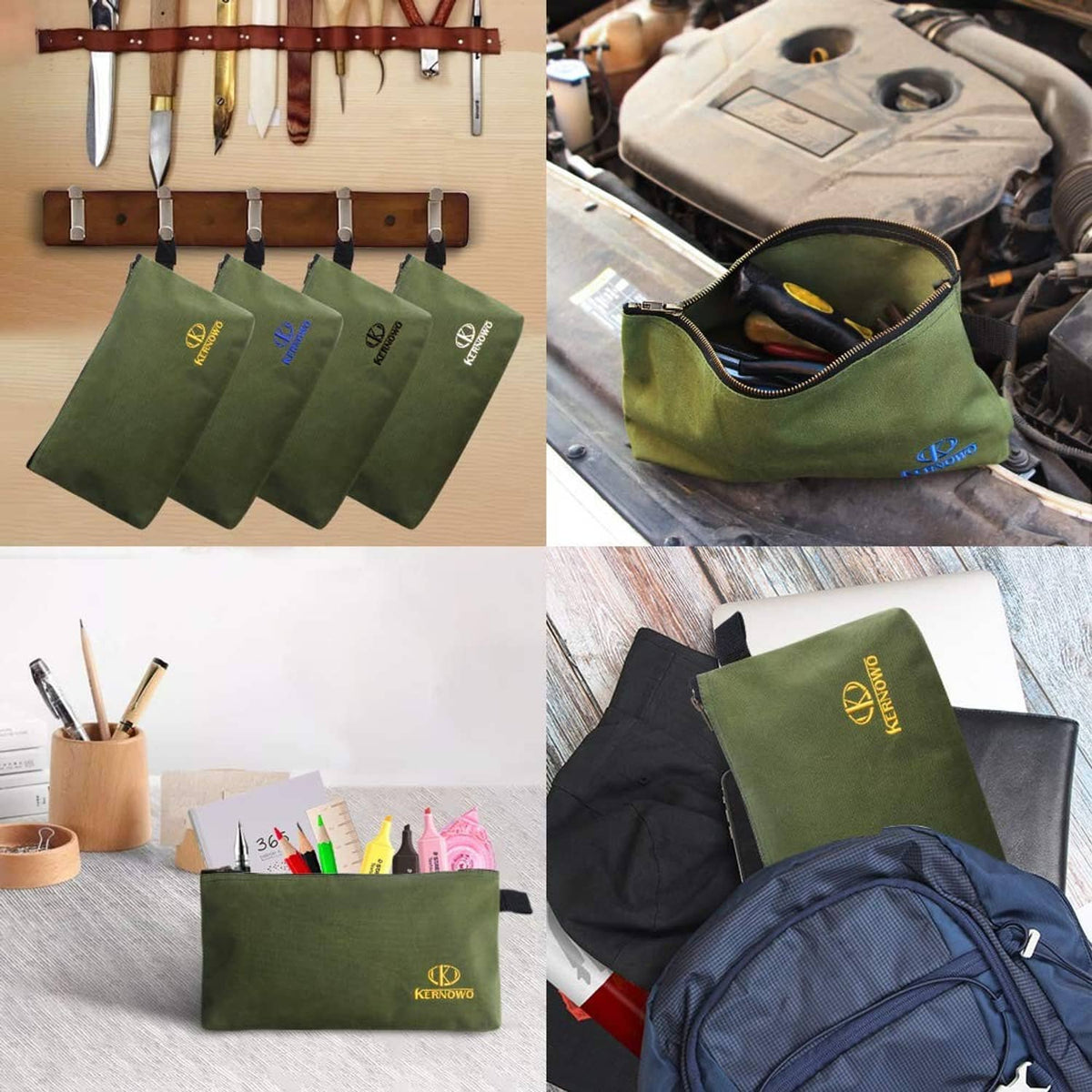 Set of olive green canvas zipper pouches with navy hanging straps and logo