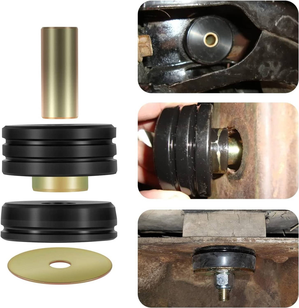 Black polyurethane isolator mounts with gold sleeves and washers, shown with close-up fit