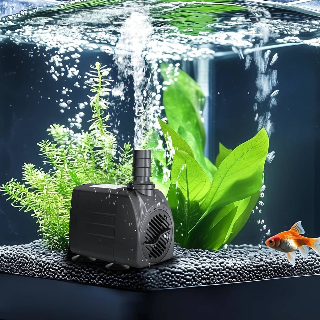 Black submersible water pump releasing bubbles in an aquarium setup
