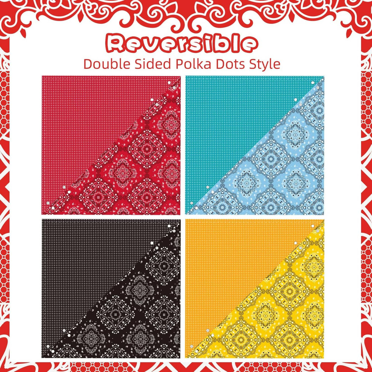 Reversible polka-dot dog bandana fabric swatch, red blue black and orange
