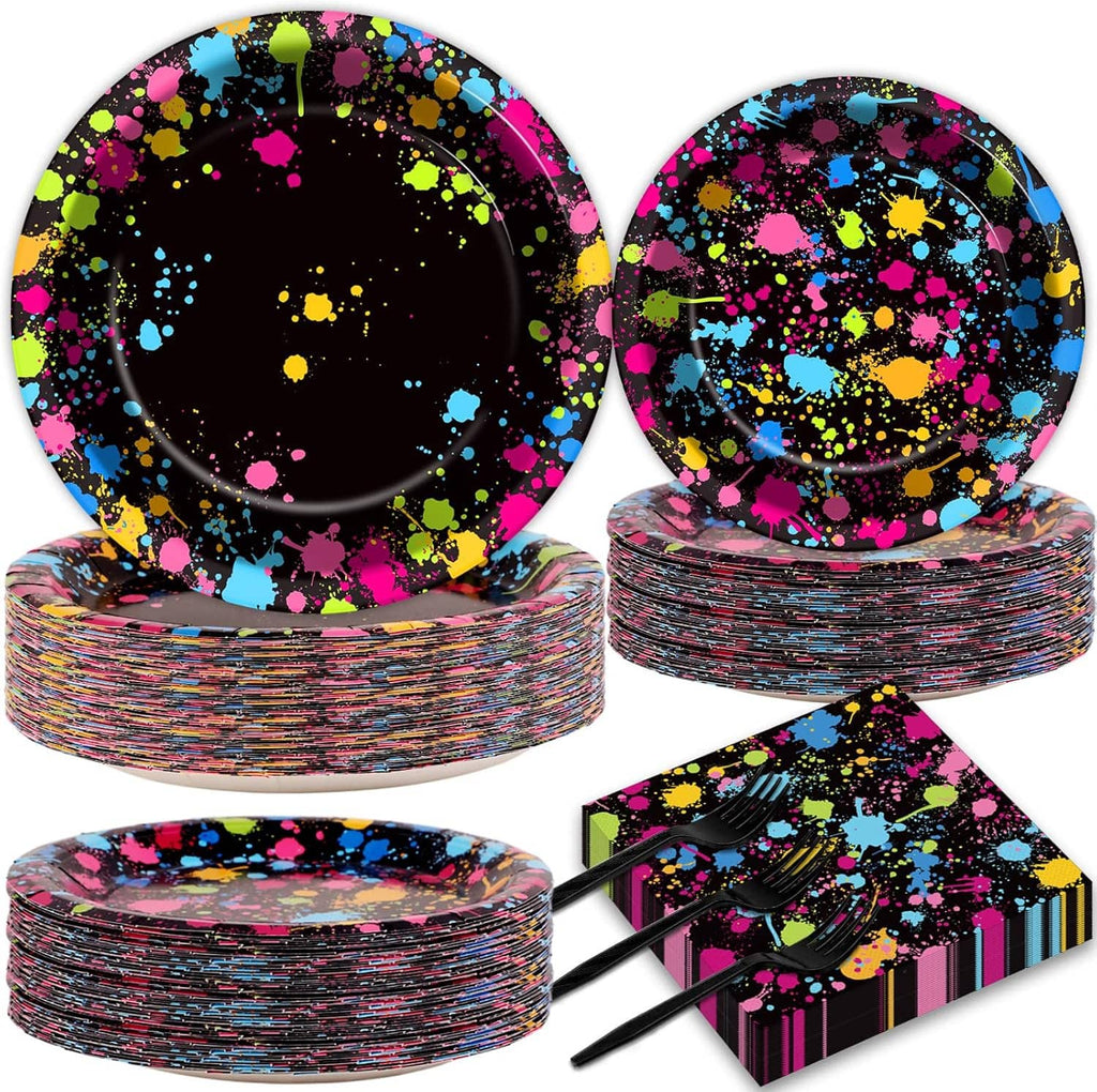 Neon splatter glow tableware set: stacked plates, napkins, and plastic forks