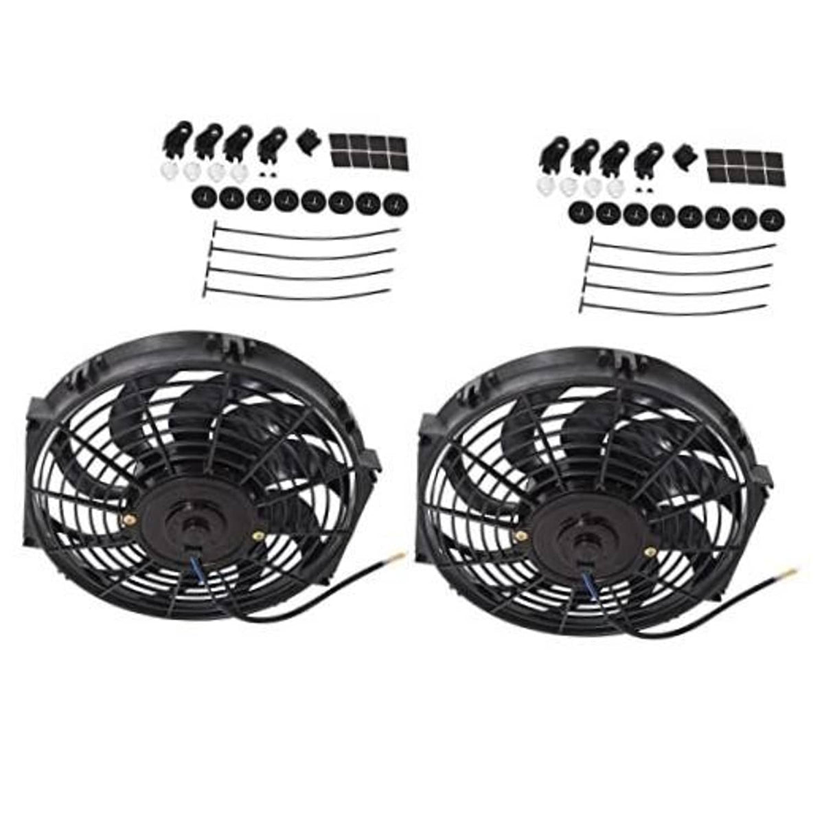 Universal radiator cooling fan set, two black electric fans with mounting hardware pieces