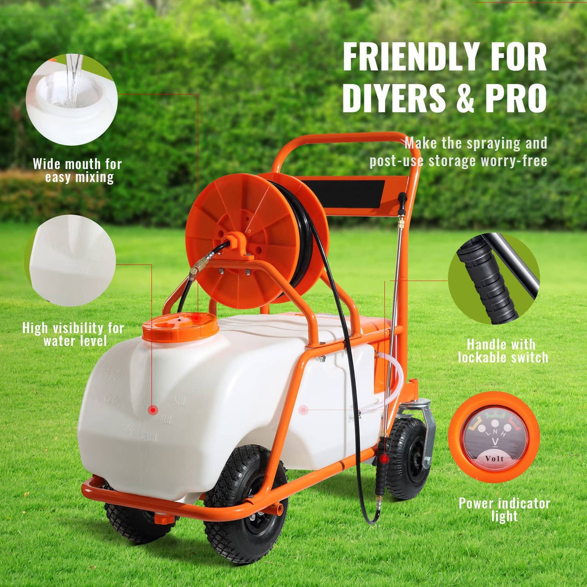 Battery lawn sprayer cart with white tank, orange handle, hose reel, and power indicator