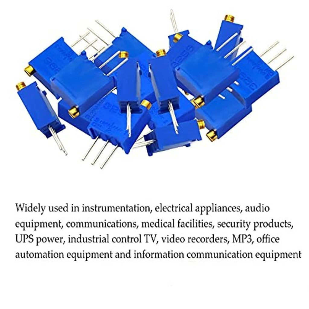 Bulk set of blue multiturn trimmer potentiometers with gold adjustment caps and 3-pin leads