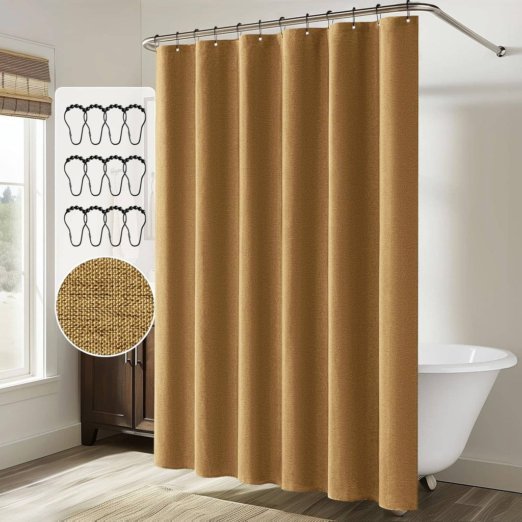 Gold linen-look shower curtain with multiple metal grommets hanging from rod