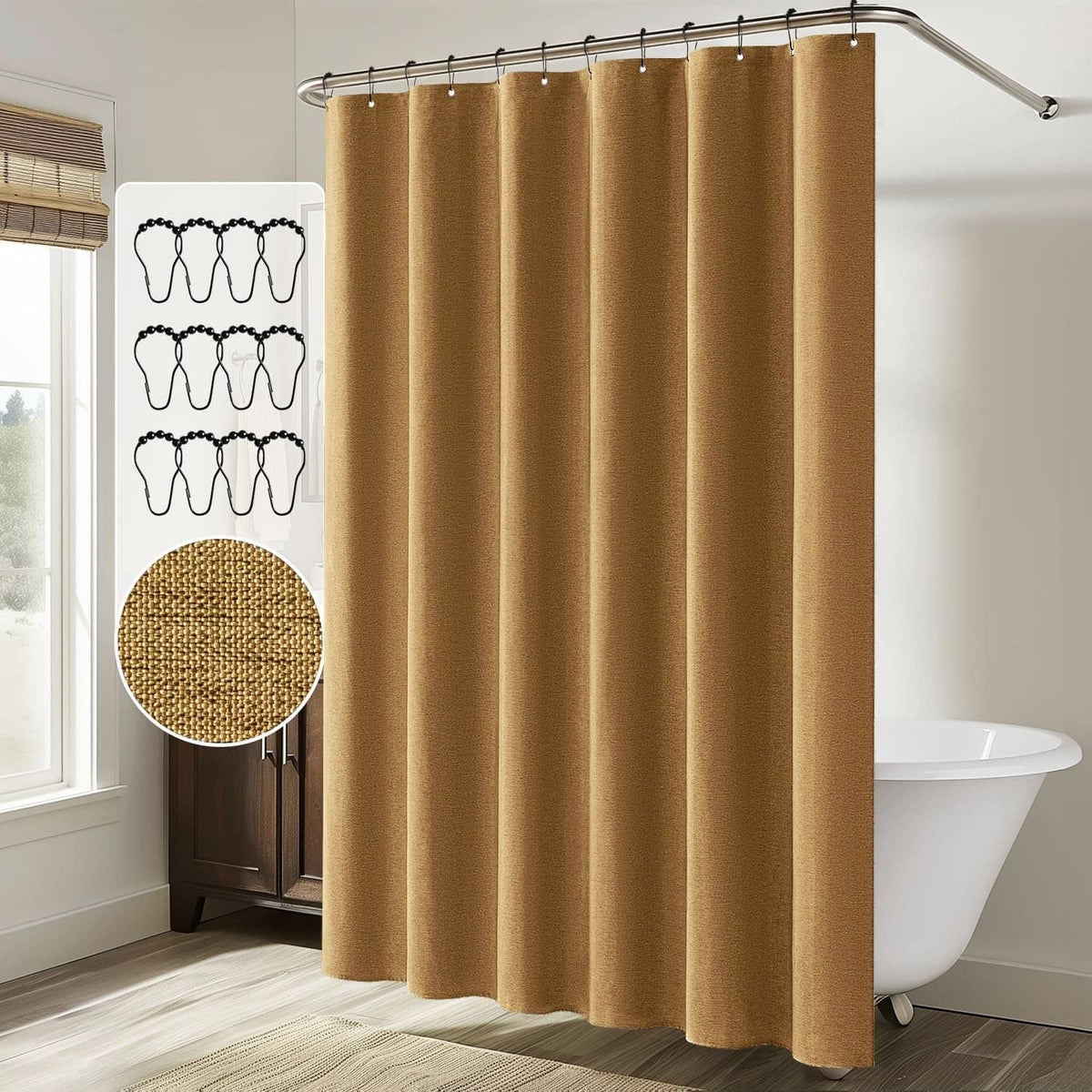 Gold linen-look shower curtain with multiple metal grommets hanging from rod