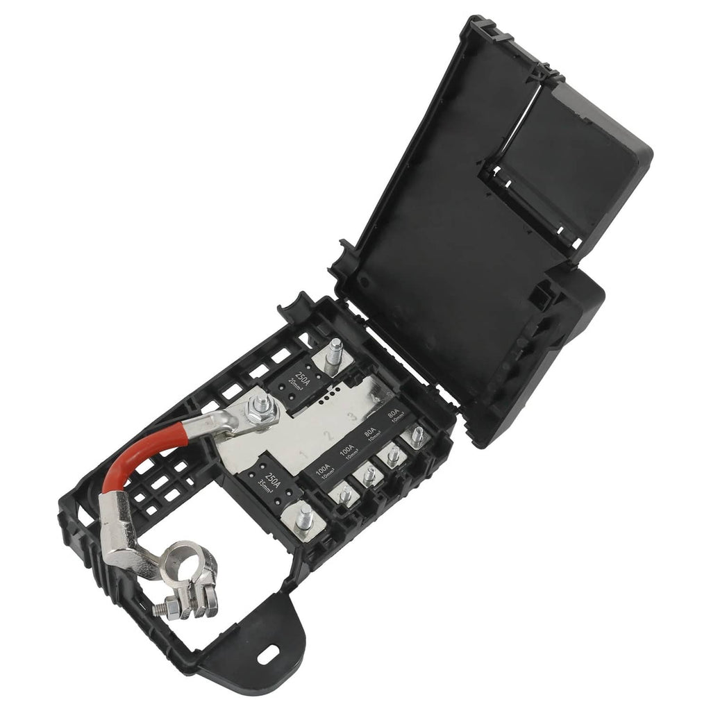 Black fuse block terminal with cover, exposed fuse slots and metal bus bars