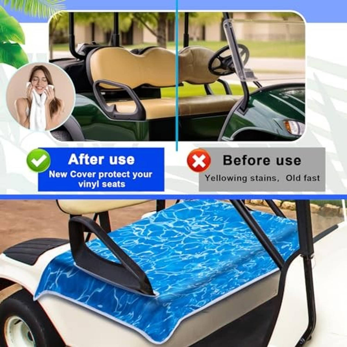 Golf cart seat cover with blue ocean-wave pattern on a white seat base cushion