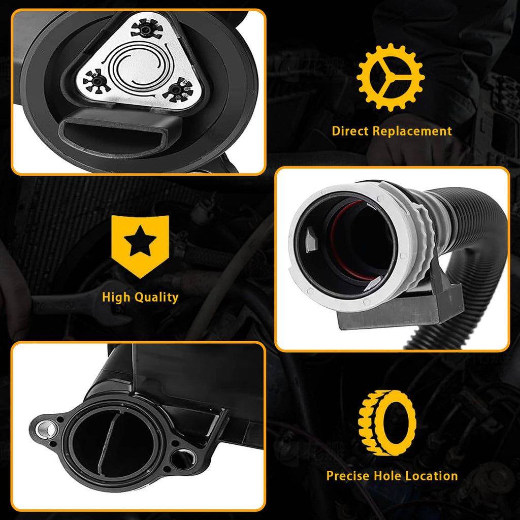 Oil separator valve body in black with hose fittings and mounting holes