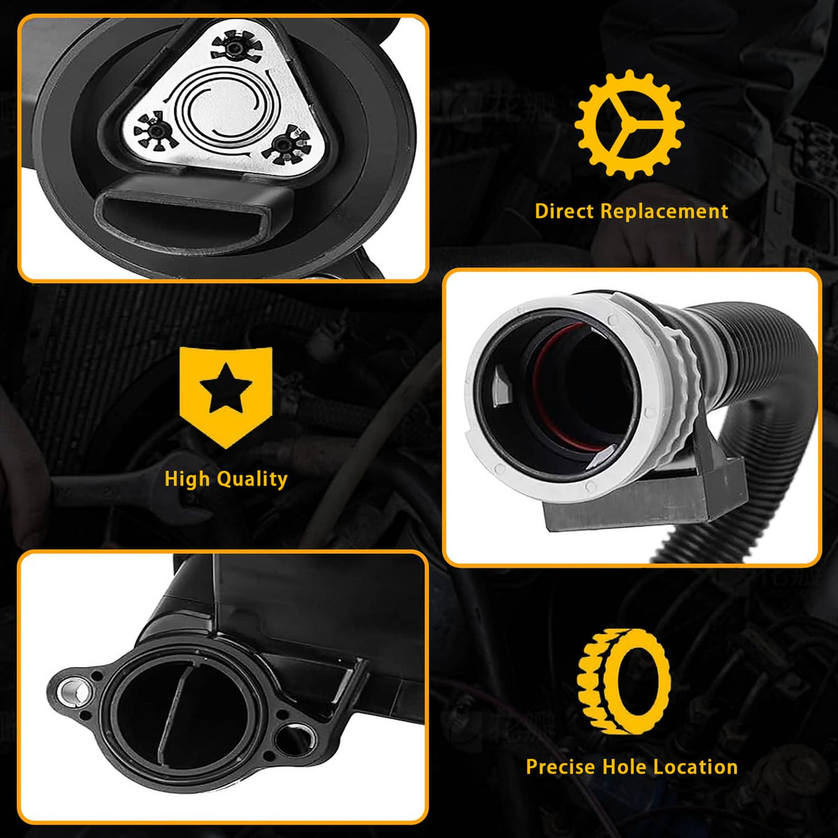 Oil separator valve body in black with hose fittings and mounting holes