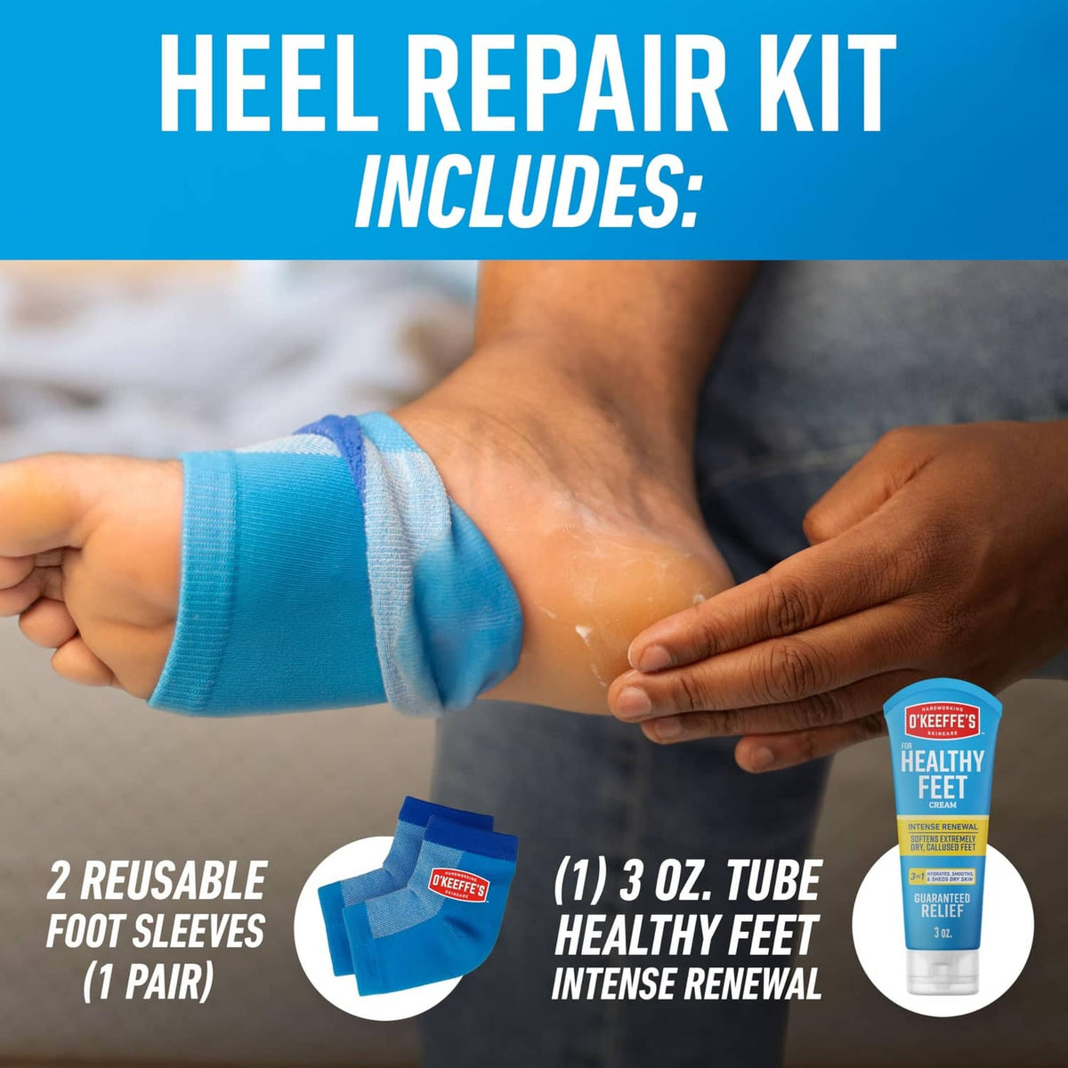 O’Keeffe’s Healthy Feet heel repair kit: apply cream to heel with reusable blue foot sleeves