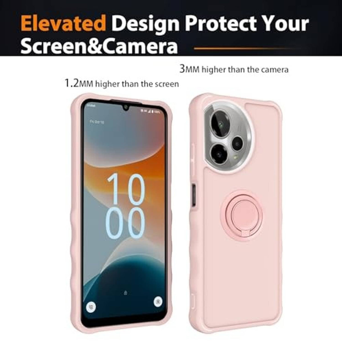 Pink phone case with camera lens protection and built-in circular stand