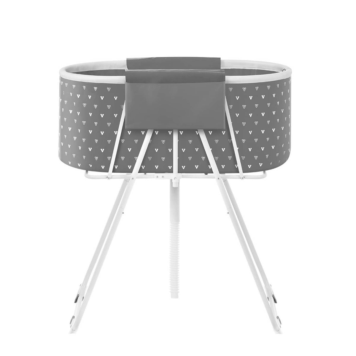 Gray foldable elevated dog bath tub with drain hose, triangular pattern fabric, front view