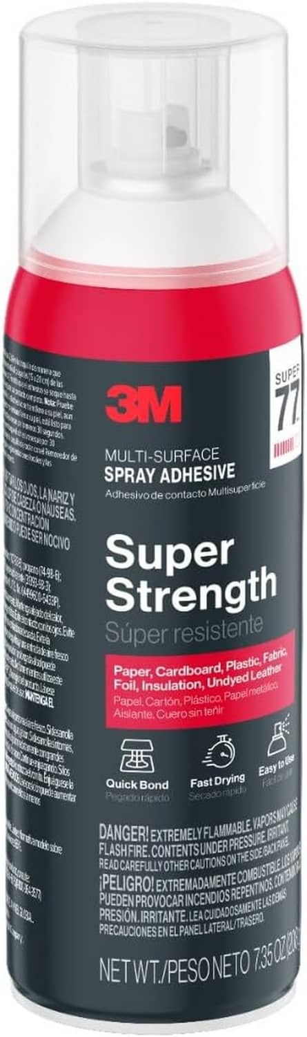 Super 77 spray adhesive can with white cap and red-and-black text panel