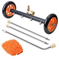 Undercarriage pressure washer attachment with orange wheels, brass nozzle, and dual wands