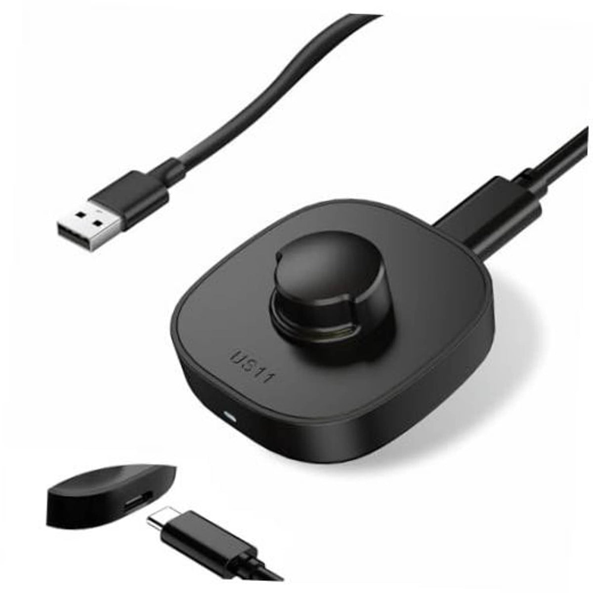 Black charging dock with USB-A to USB-C cable and round charging contact