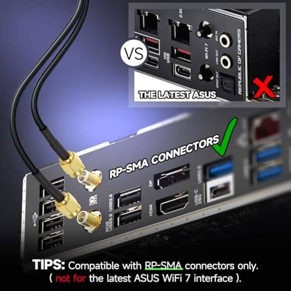 RP-SMA antenna cable with two plugs for connecting dual WiFi antennas to a device