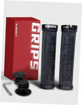 Dark textured bicycle handlebar grips with lock-on end caps and small mounting tools
