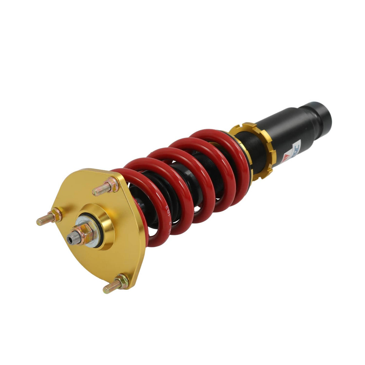 Coilover suspension strut with red spring and black shock body, gold top mount