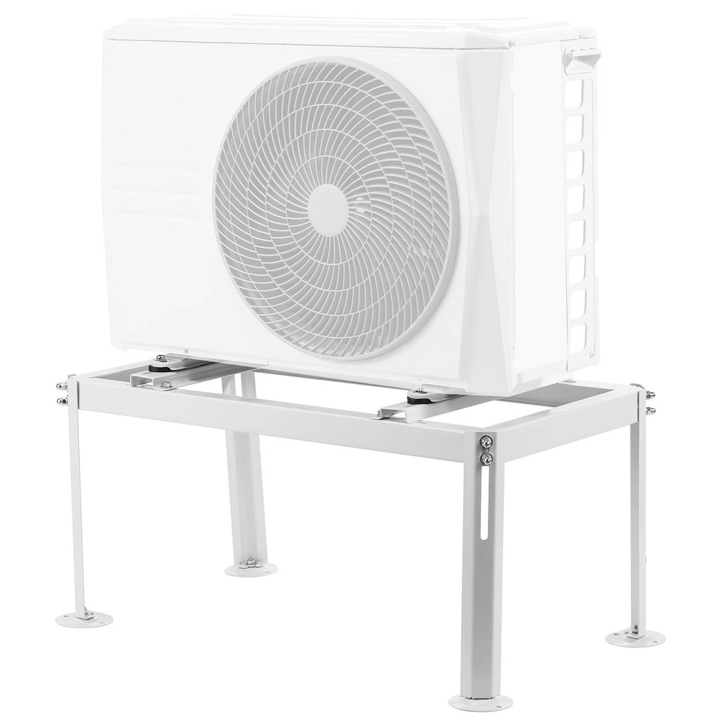 White mini split ground stand holding an outdoor unit with round fan and mounting frame