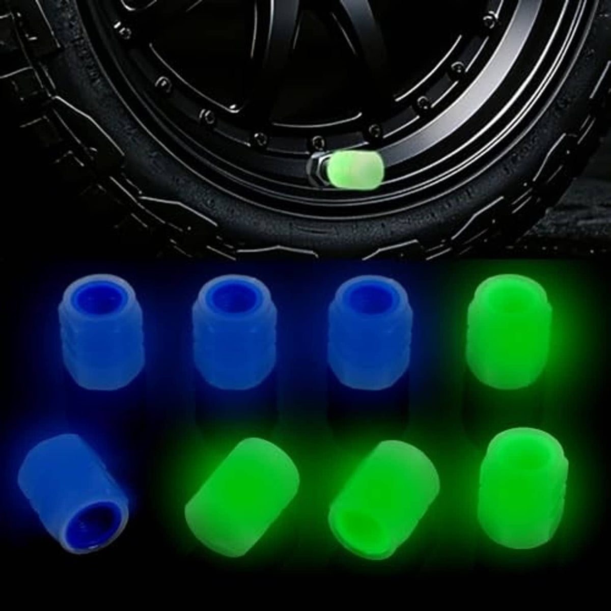 Glow-in-the-dark tire valve stem caps set showing glowing blue and green covers