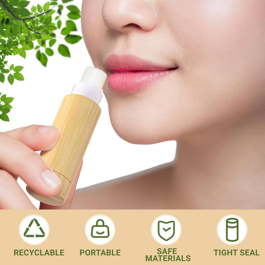 Bamboo empty lipstick tube with white cap, held near a person’s lips