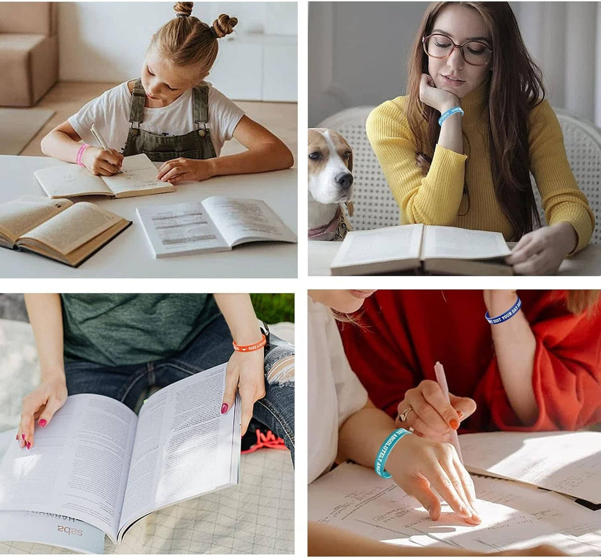 People wearing silicone motivational quote bracelets while writing and studying at home