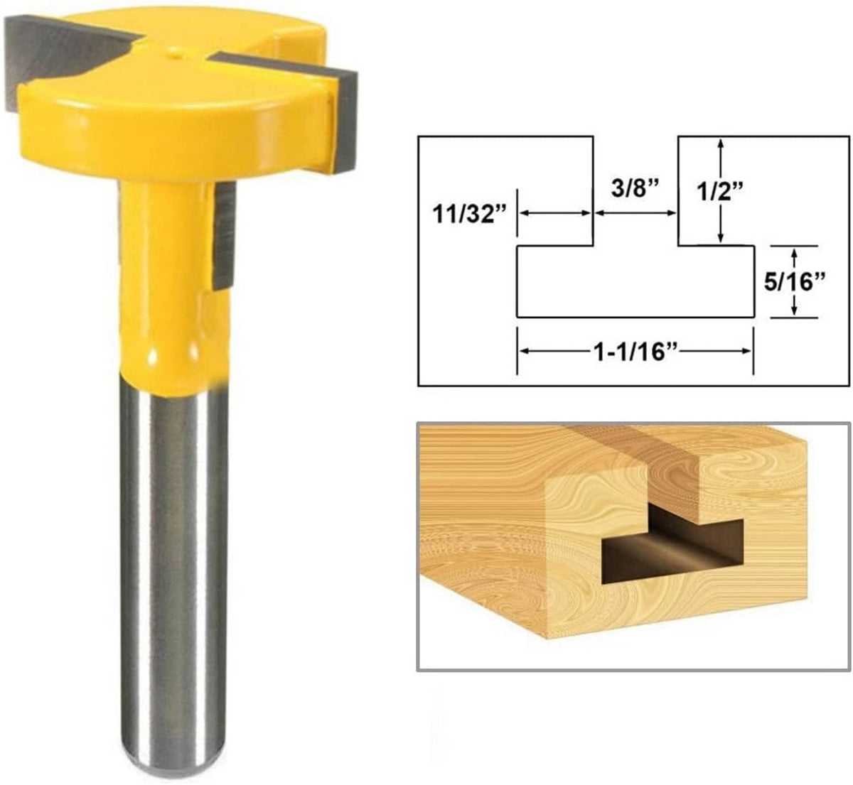 Yellow T-slot router bit with straight carbide cutters and silver shank, wood-slot use shown