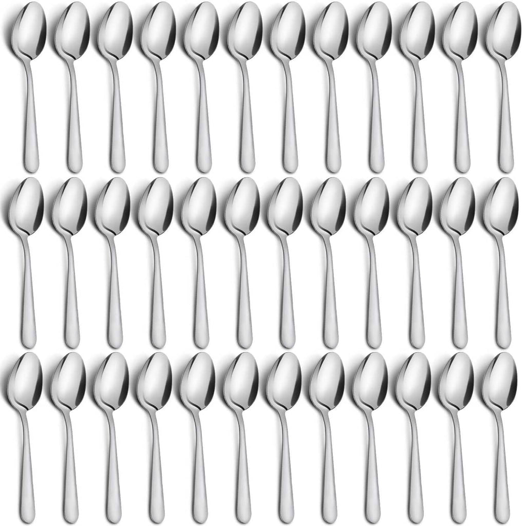 Funnydin 36-piece stainless dinner spoon set, polished silver, spoons arranged in rows