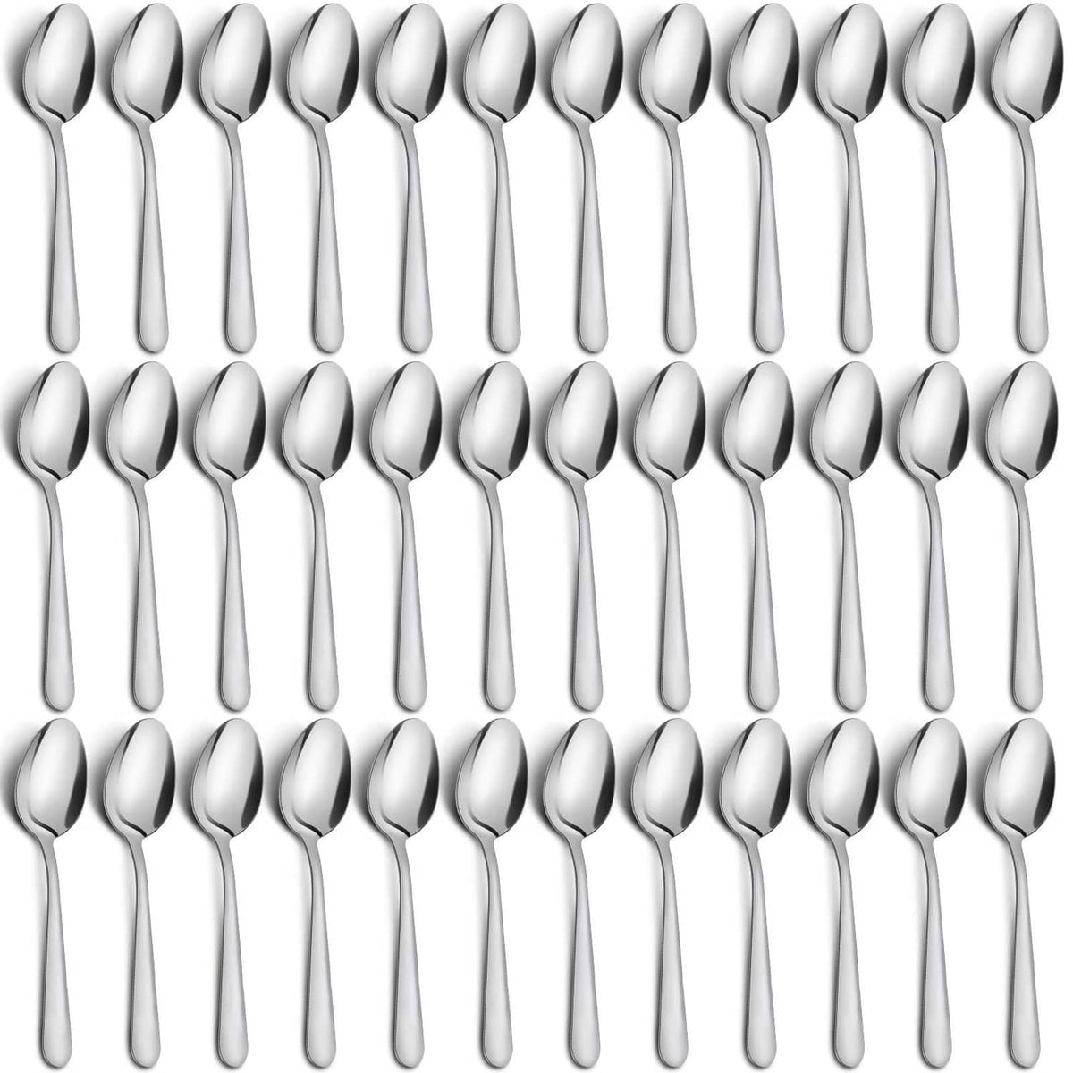 Funnydin 36-piece stainless dinner spoon set, polished silver, spoons arranged in rows
