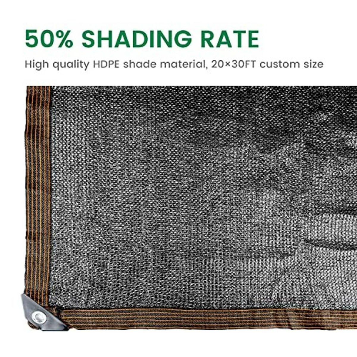 Woven sun shade cloth close-up: dark charcoal fabric with rust-brown stitched edge