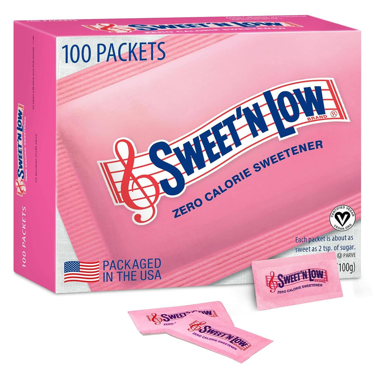 Front view of pink Sweet 'n Low 100-count sweetener box with two loose sachets