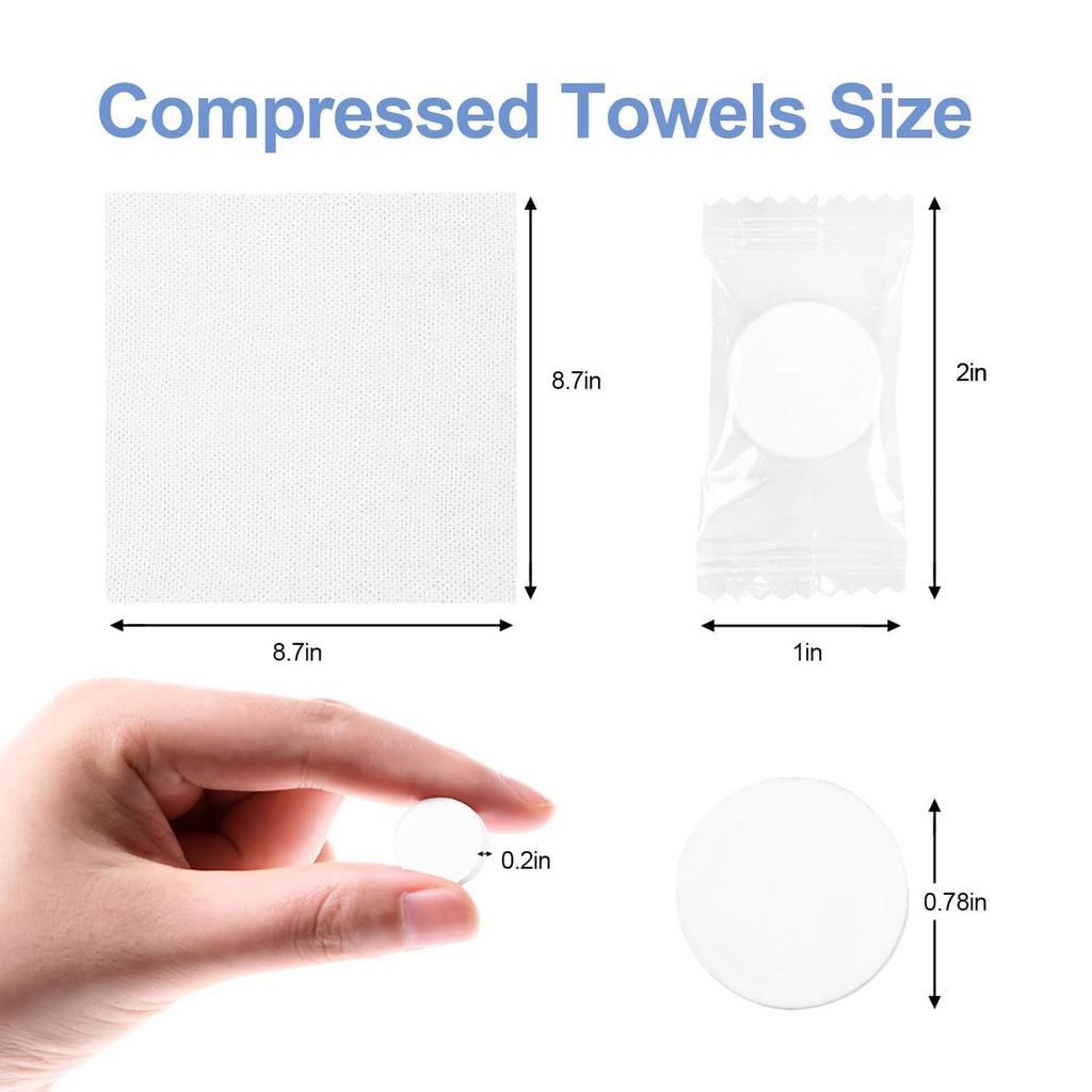 Compressed disposable towel size diagram showing folded white towel dimensions