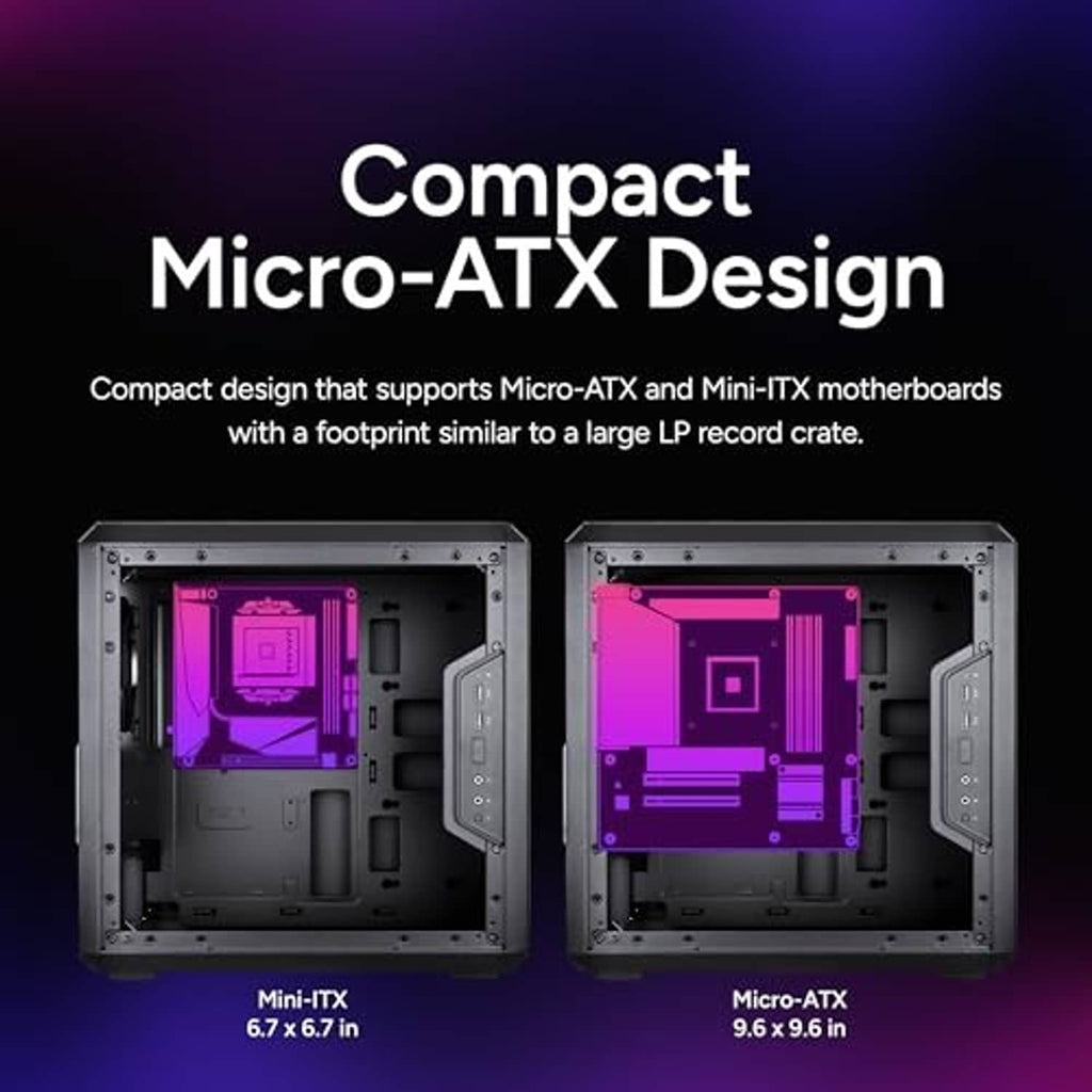 Compact micro-ATX PC case shown open, with motherboard tray layout and expansion space.