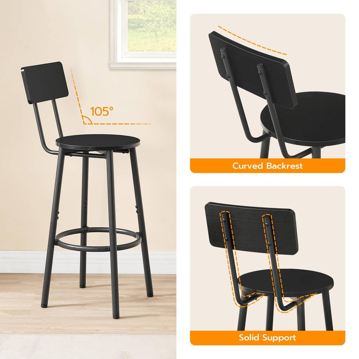 Black bar stool with curved backrest, round seat, and circular footrest