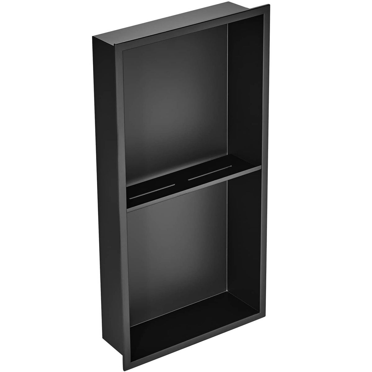 Stainless steel shower niche with two shelves, dark metal wall-insert