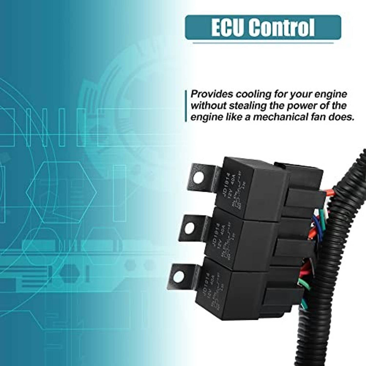 ECU control relay wiring harness with black fuse-style module and colored leads