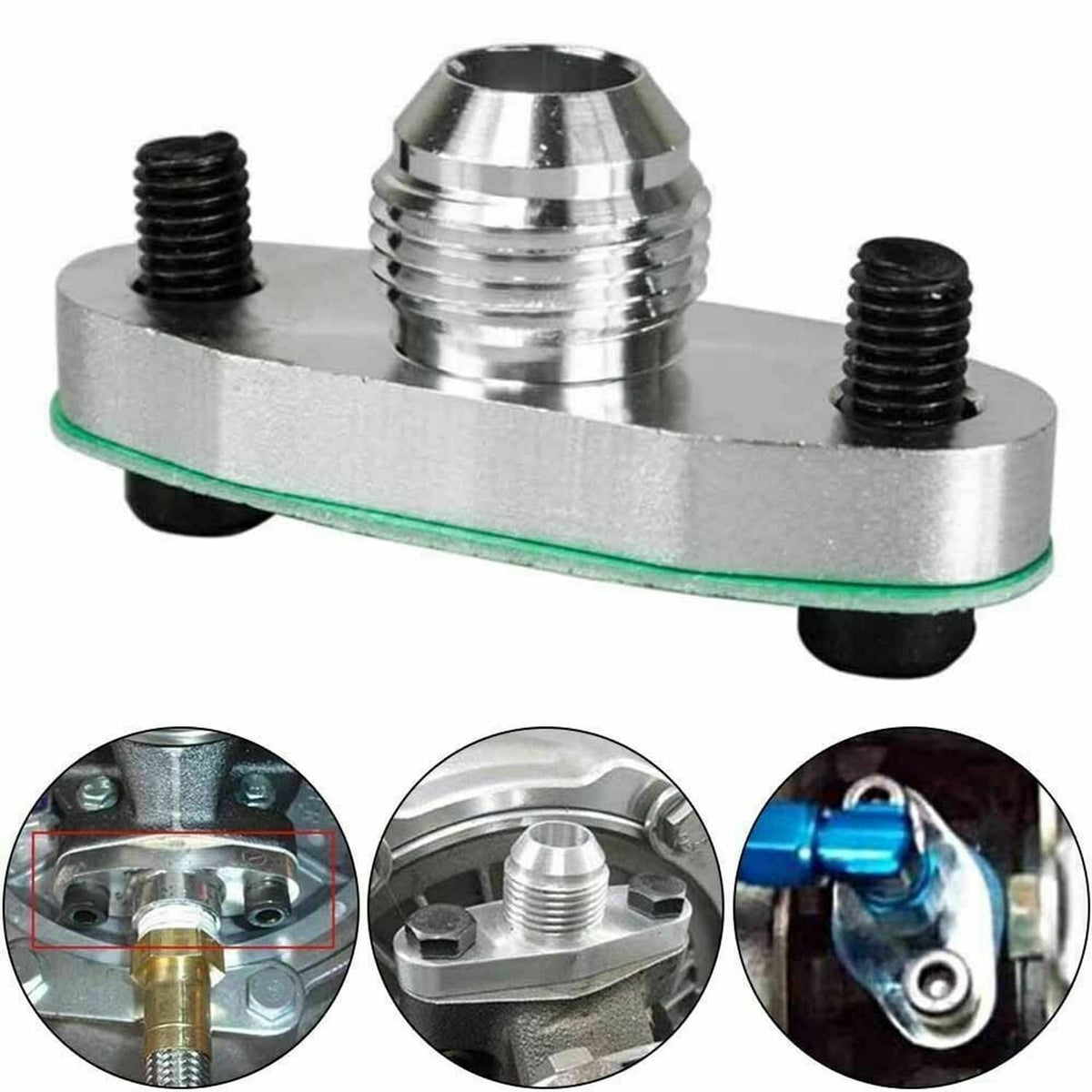 Turbo oil drain outlet flange adapter mounted on metal housing with green gasket seal