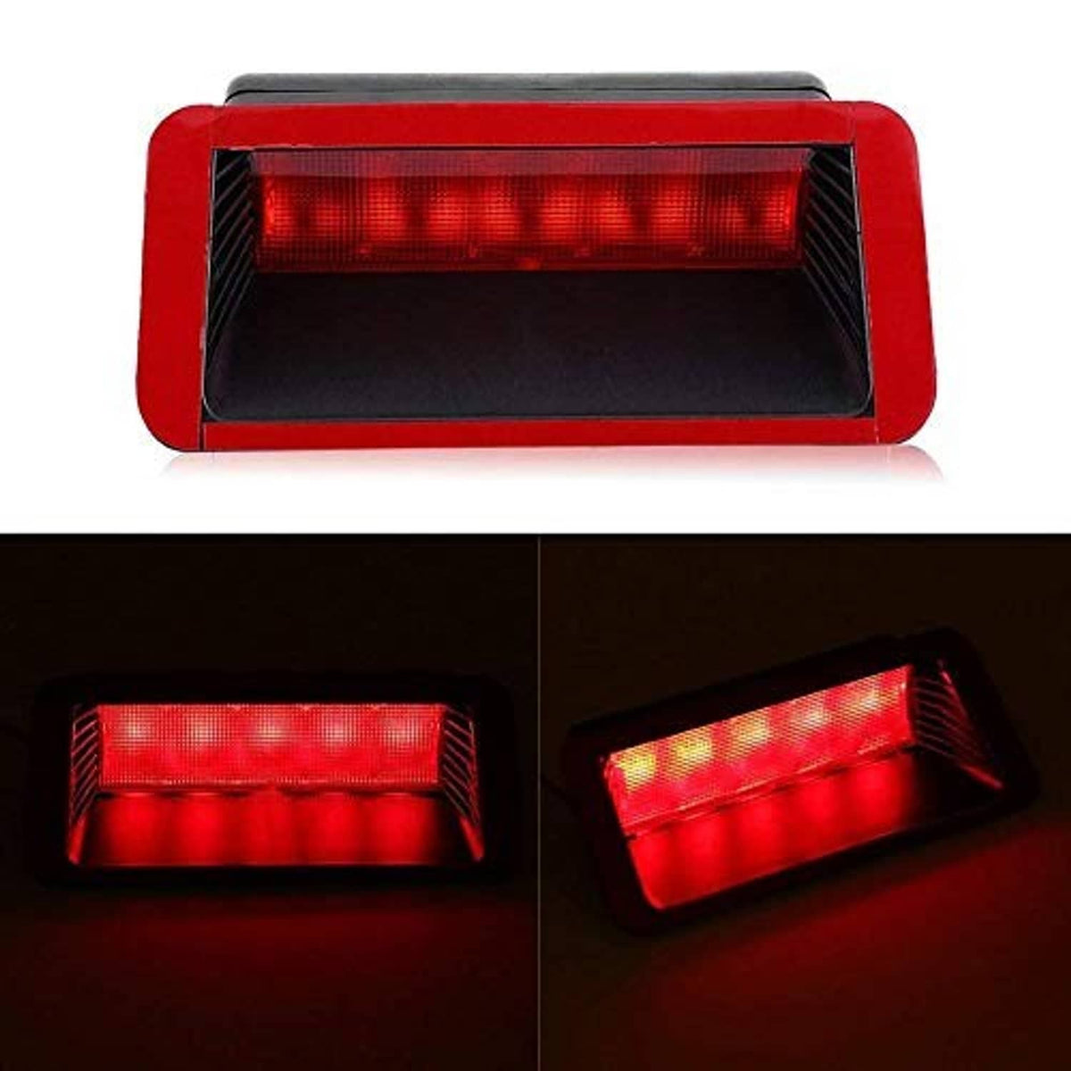 Front view of red LED third brake light lens with black inner grille, compact